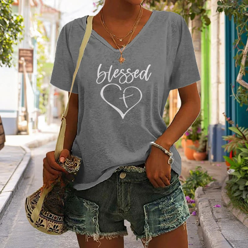 christiandiscipleshop Women's Blessed Love Cross Jesus Has My Back Print V-Neck Polyester T-shirt