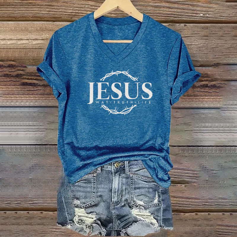 christiandiscipleshop Women's Jesus Print Casual Print V-Neck Polyester T-shirt