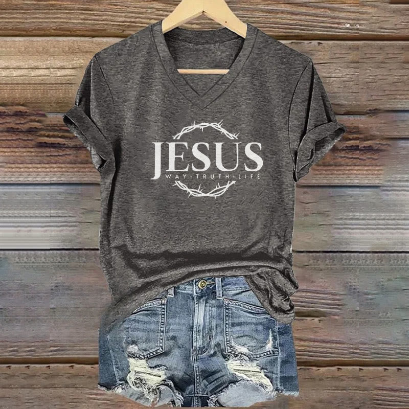 christiandiscipleshop Women's Jesus Print Casual Print V-Neck Polyester T-shirt