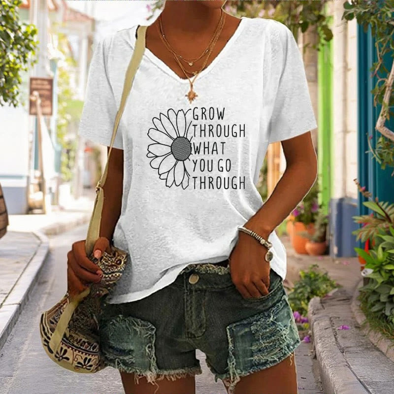 christiandiscipleshopWomen's Grow Through What You Go Through Print V-Neck Polyester T-shirt