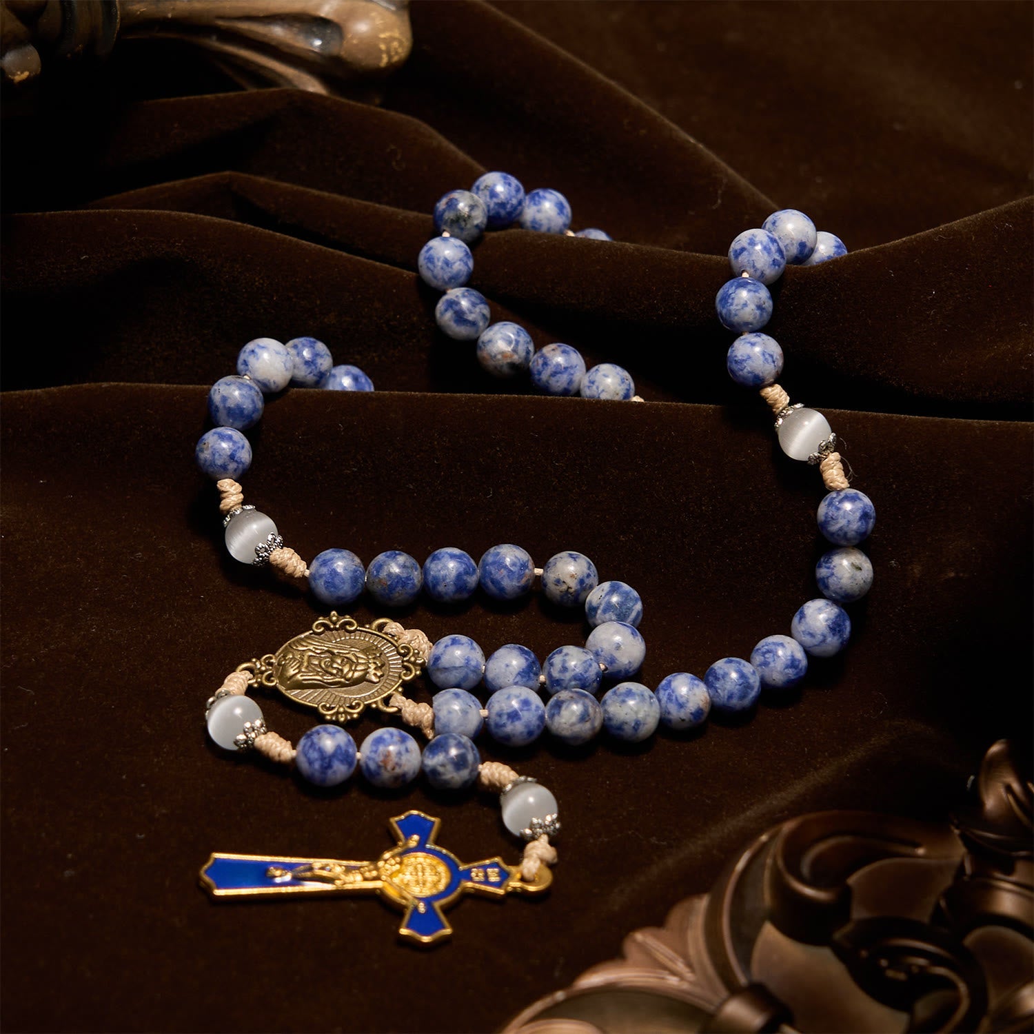 FREE Today: Immaculate Heart of Mary & Crucifix of 8 mm Round Blue Stone Nylon Cord Rosary