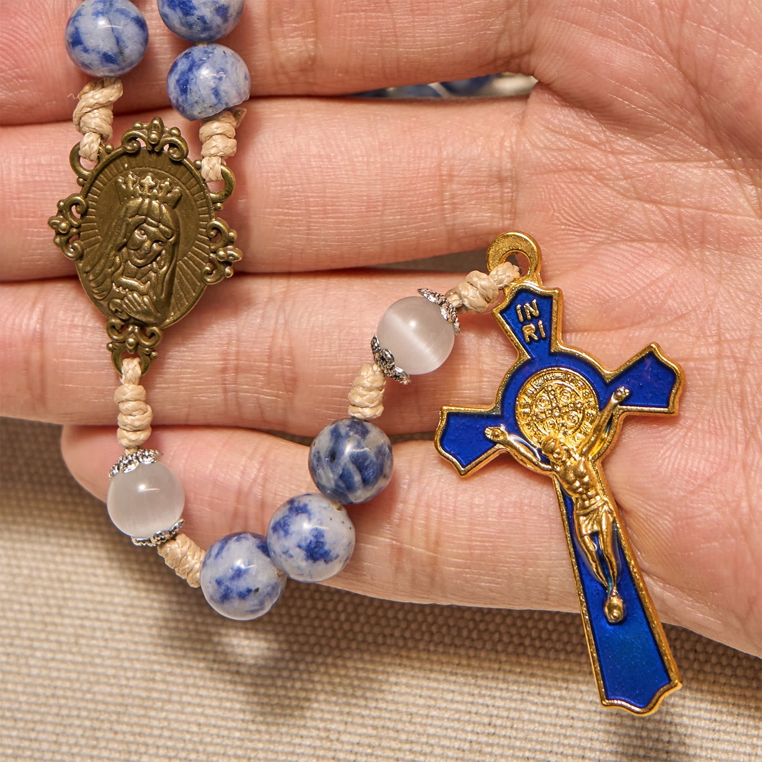 FREE Today: Immaculate Heart of Mary & Crucifix of 8 mm Round Blue Stone Nylon Cord Rosary