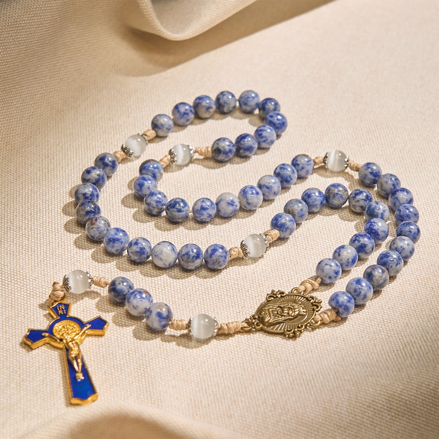 FREE Today: Immaculate Heart of Mary & Crucifix of 8 mm Round Blue Stone Nylon Cord Rosary