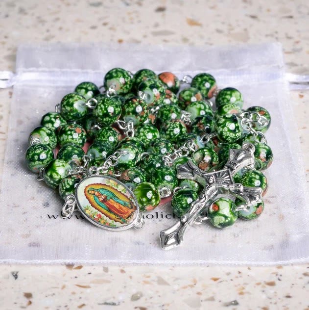 FREE Today: Our Lady Medal & Crucifix of 8mm Green Glass Beads Rosary—Blessed Symbol of Faith