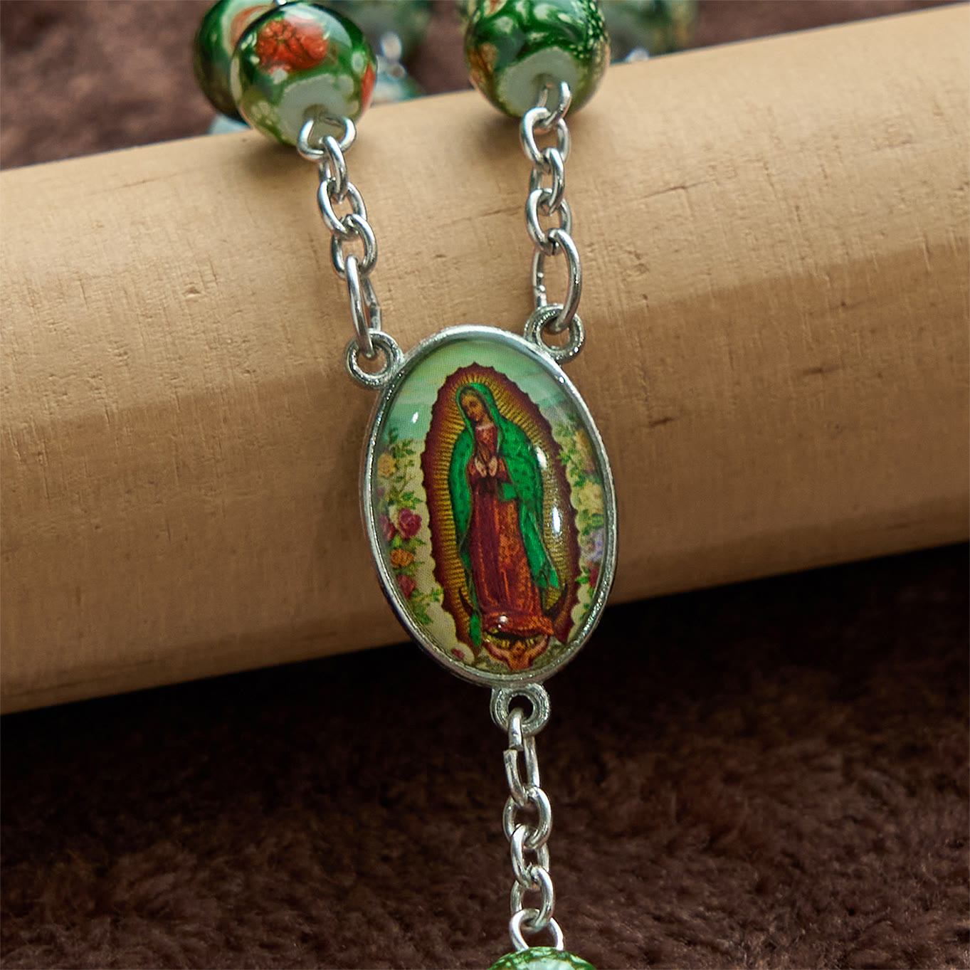FREE Today: Our Lady Medal & Crucifix of 8mm Green Glass Beads Rosary—Blessed Symbol of Faith