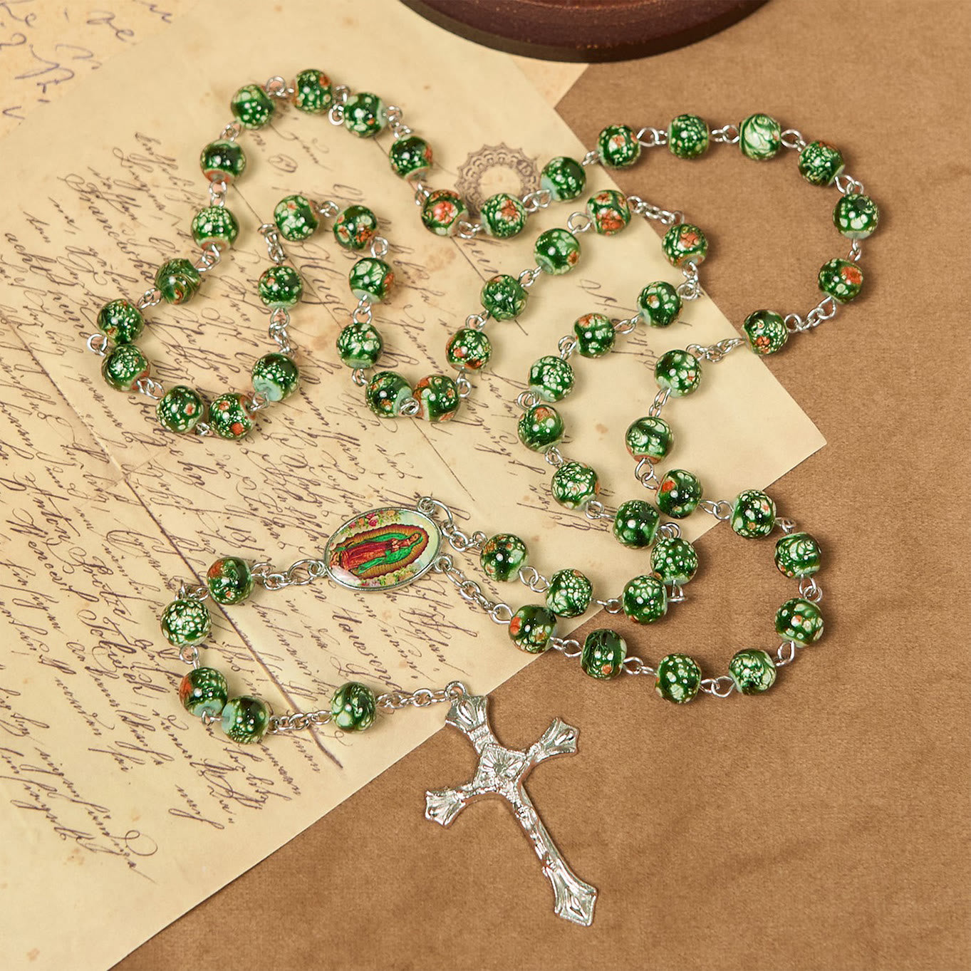 FREE Today: Our Lady Medal & Crucifix of 8mm Green Glass Beads Rosary—Blessed Symbol of Faith