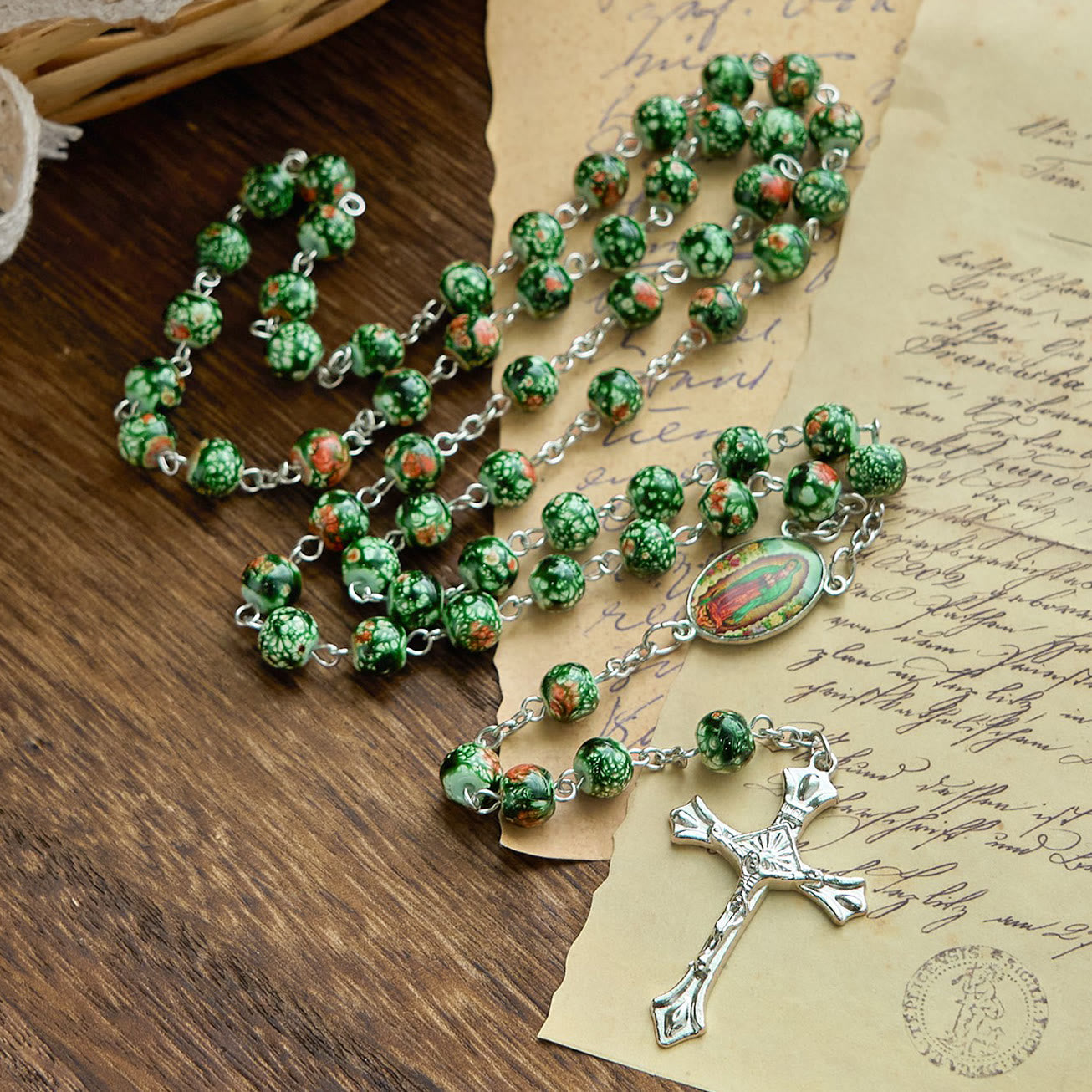 FREE Today: Our Lady Medal & Crucifix of 8mm Green Glass Beads Rosary—Blessed Symbol of Faith
