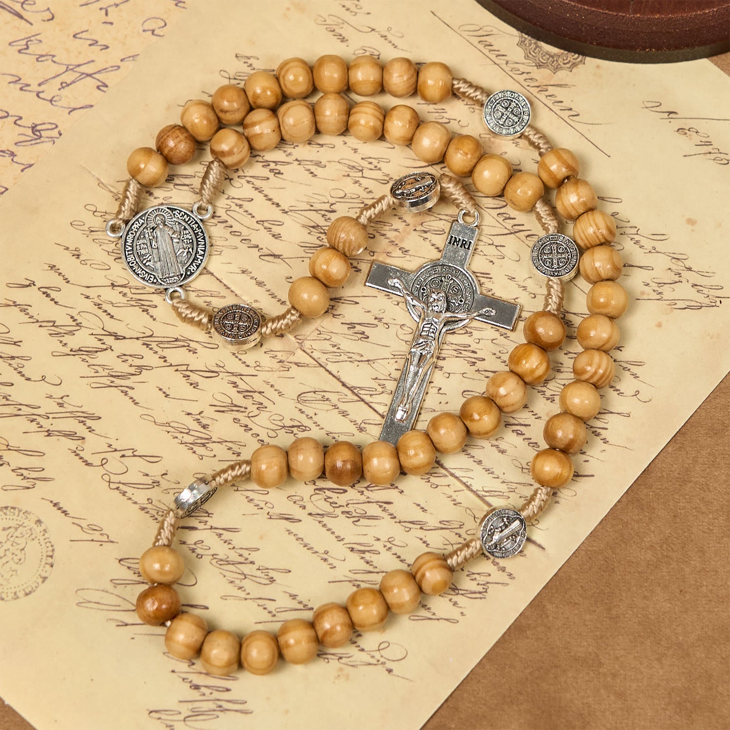 FREE Today: St. Benedict & Crucifix of 8mm Olive Wood Round Beads Rosary: Blessed Devotion in Every Bead