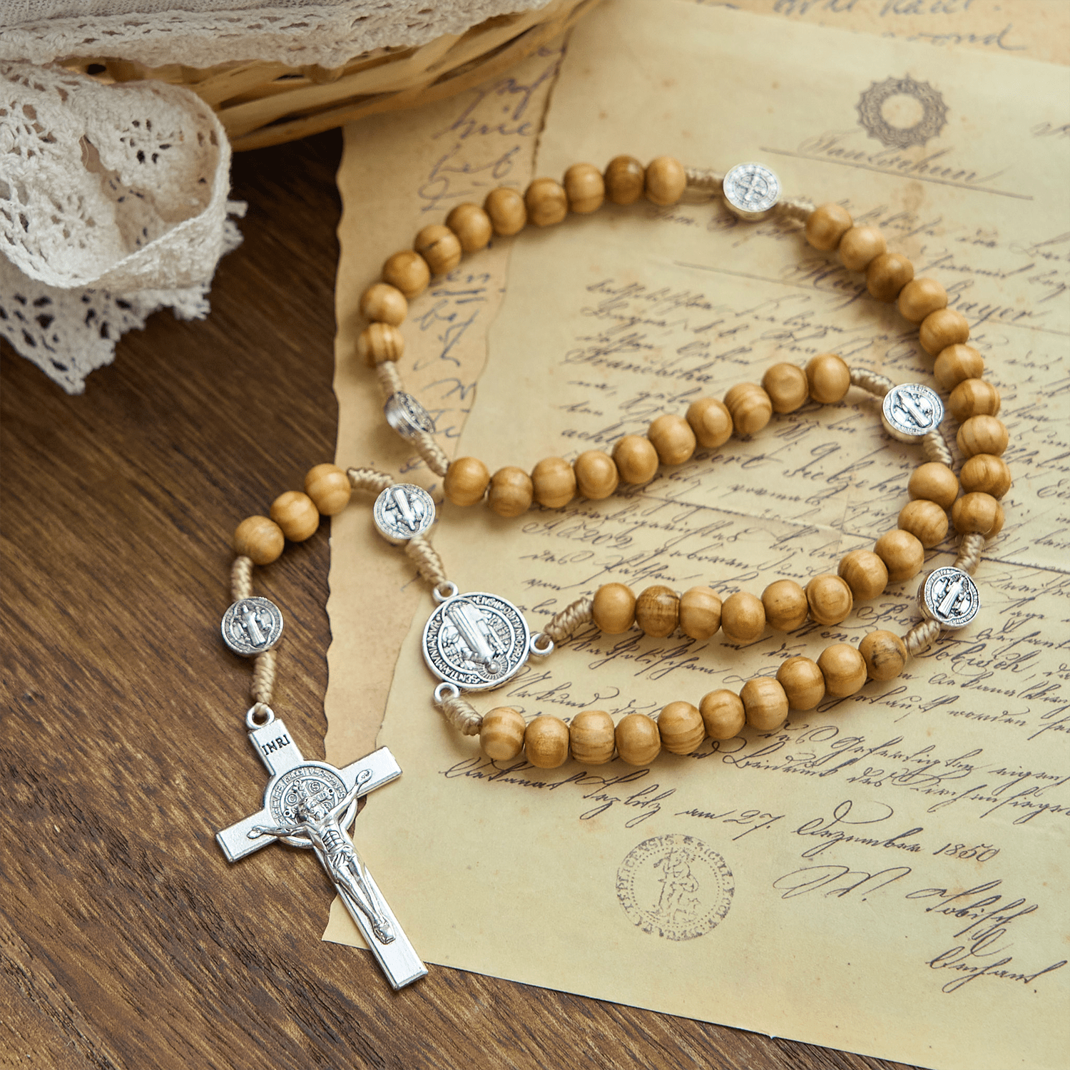 FREE Today: St. Benedict & Crucifix of 8mm Olive Wood Round Beads Rosary: Blessed Devotion in Every Bead