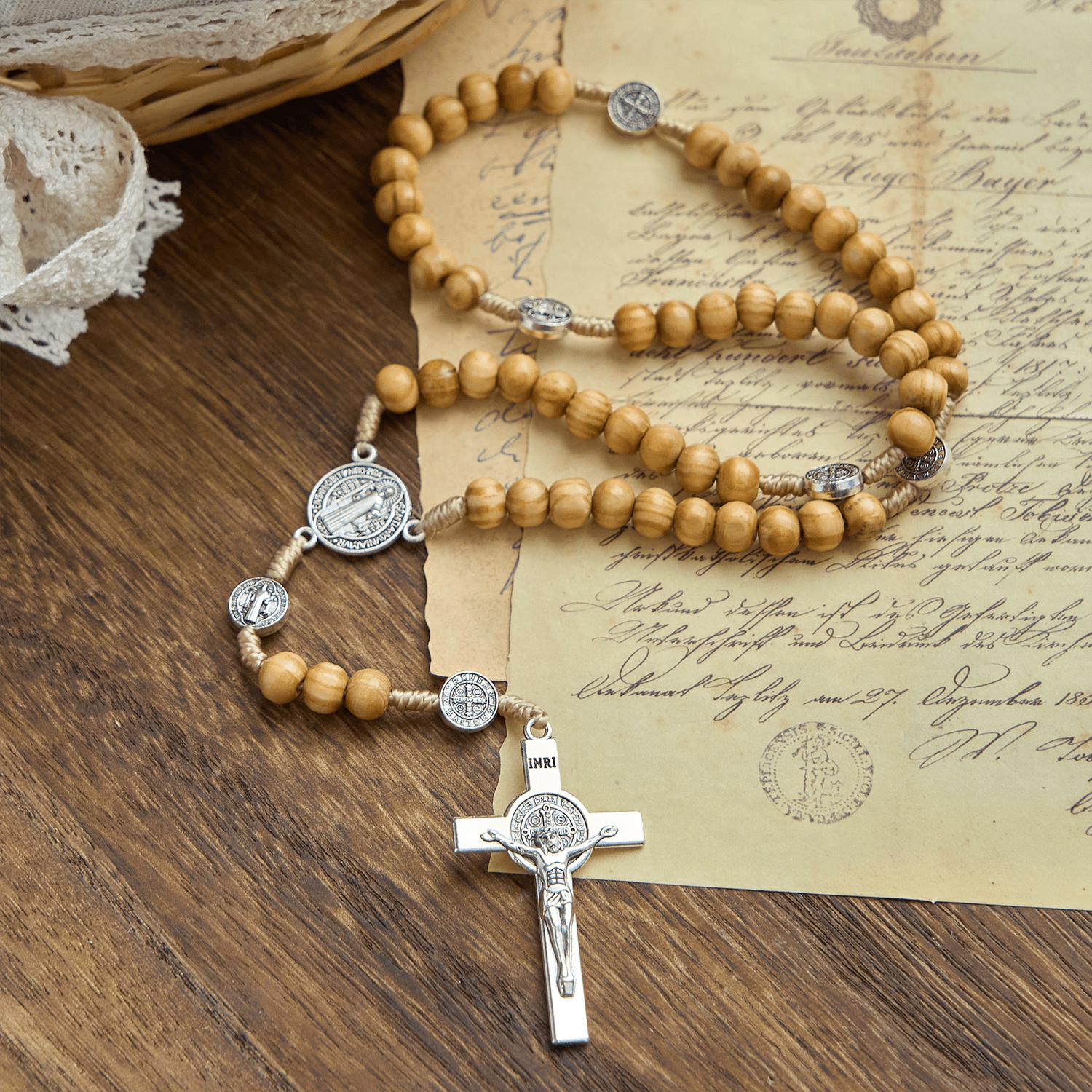 FREE Today: St. Benedict & Crucifix of 8mm Olive Wood Round Beads Rosary: Blessed Devotion in Every Bead