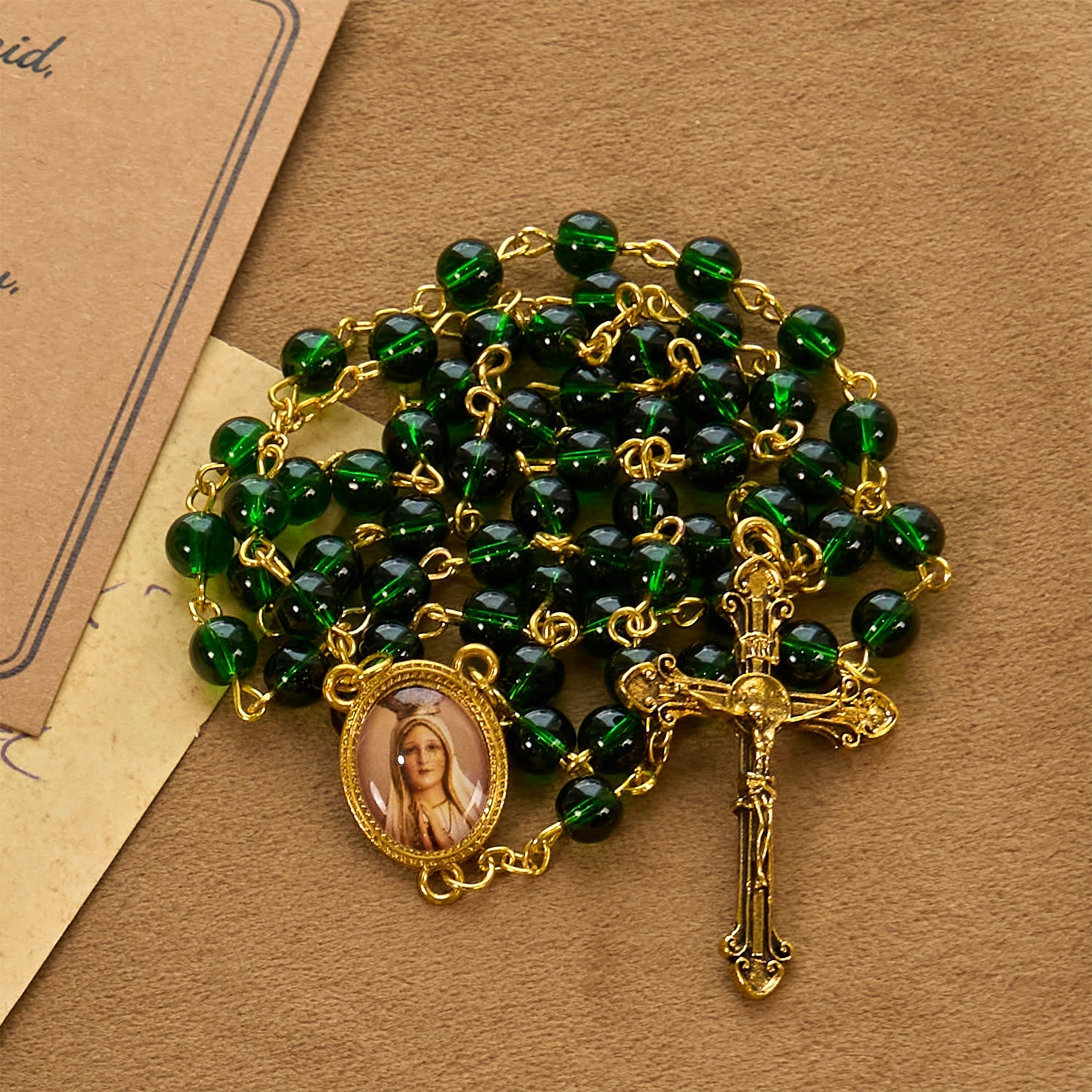 FREE Today: Vintage Green Glass Bead Rosary with Virgin Mary and Crucifix: Faith - Filled Heirloom