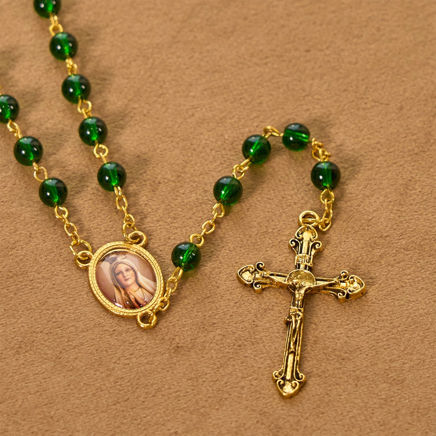 FREE Today: Vintage Green Glass Bead Rosary with Virgin Mary and Crucifix: Faith - Filled Heirloom
