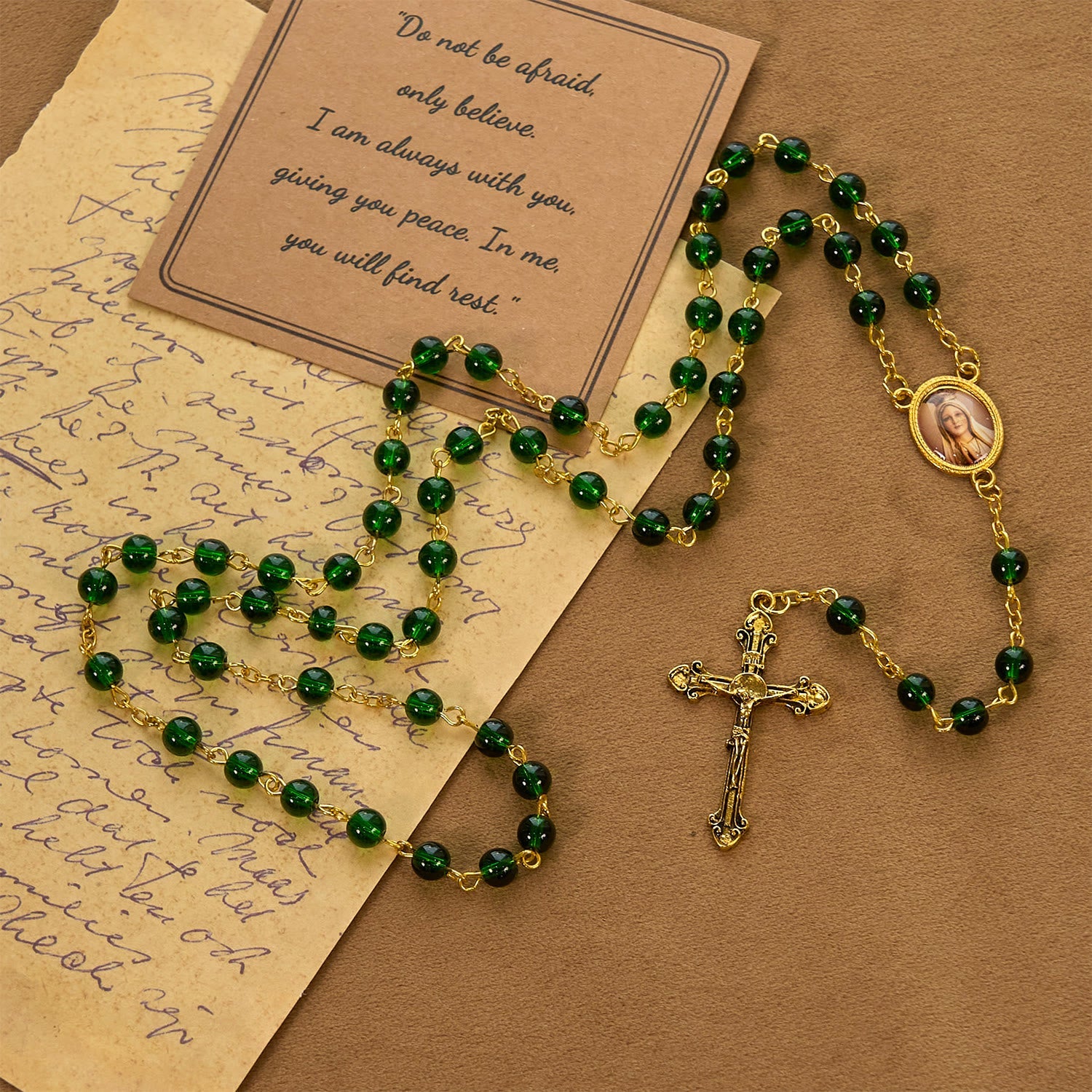 FREE Today: Vintage Green Glass Bead Rosary with Virgin Mary and Crucifix: Faith - Filled Heirloom
