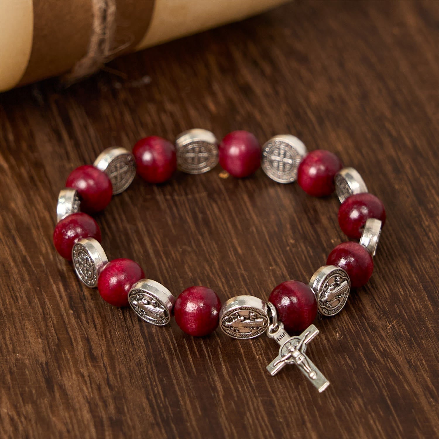 FREE Today: Vintage Style St. Benedict Pendant and Red Beads Bracelet: Cherished Symbol of Holy Guidance