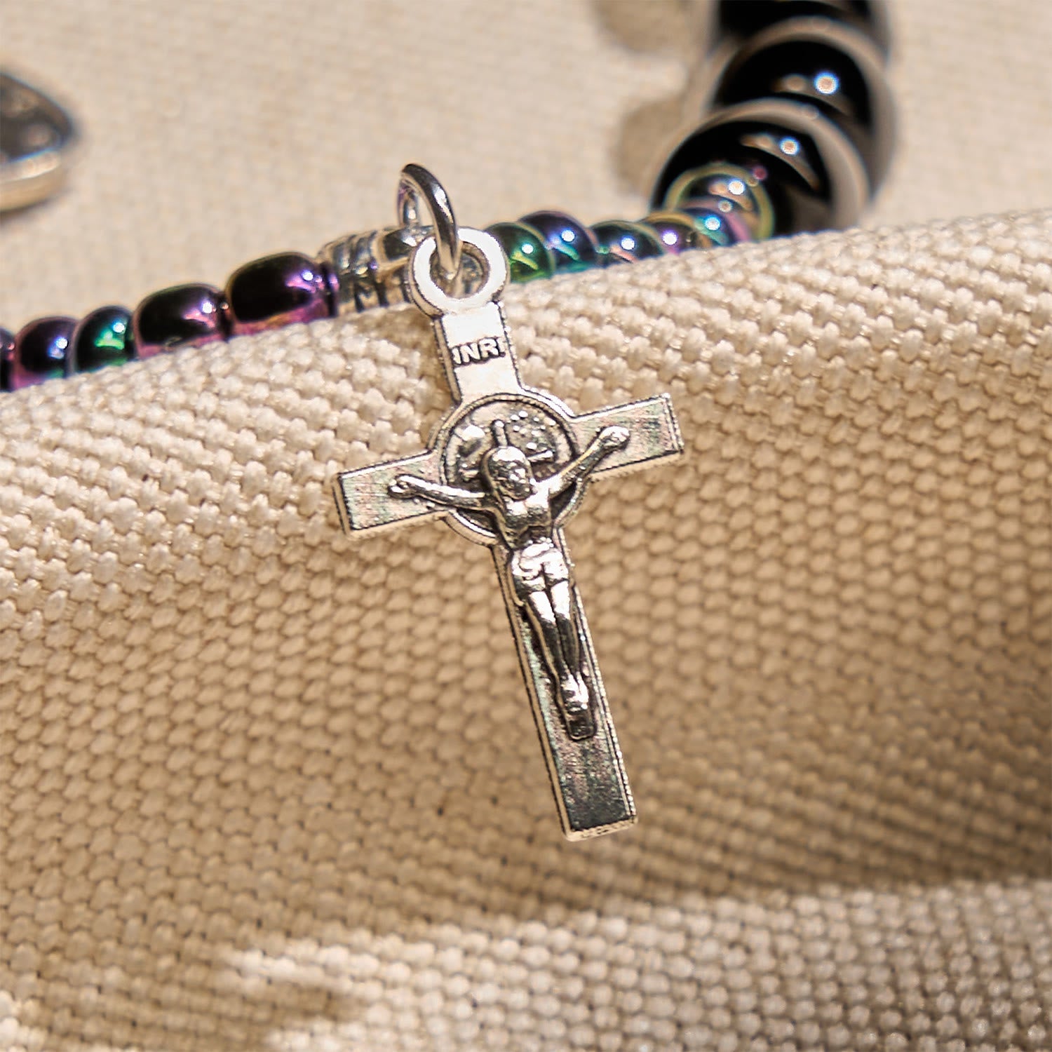 Christiandiscipleshop Ebony and Blue Agate with Our Lady Medal & Crucifix Bracelet