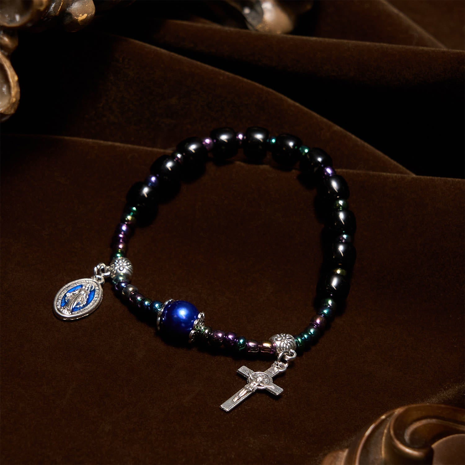 Christiandiscipleshop Ebony and Blue Agate with Our Lady Medal & Crucifix Bracelet