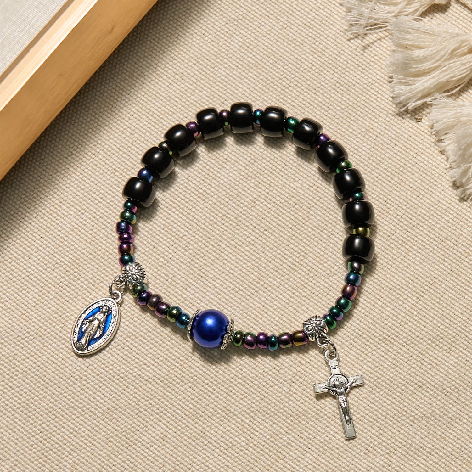 Christiandiscipleshop Ebony and Blue Agate with Our Lady Medal & Crucifix Bracelet