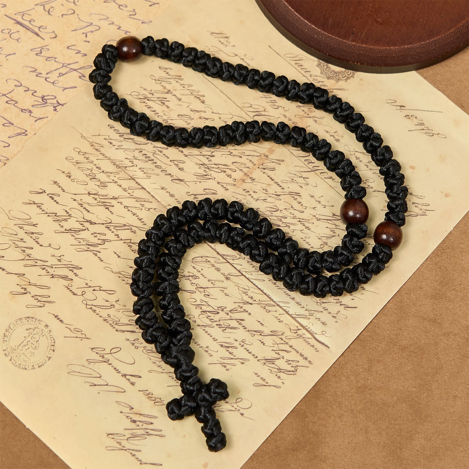 Christianartworkshop Blue & Black Cross 100 Blessing Knots String Necklace: Cherished Symbol of Holy Blessing