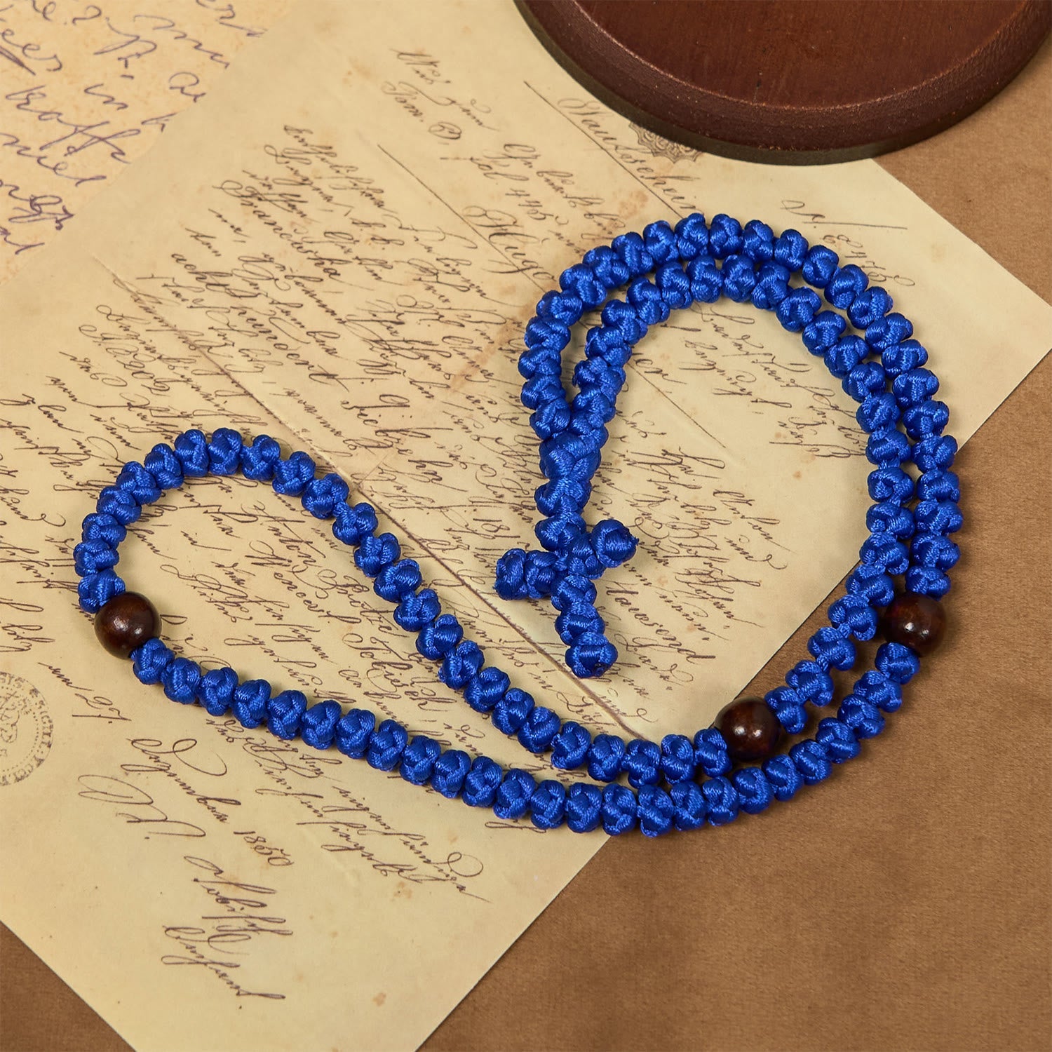 FREE Today: Blue & Black Cross Orthodox 100 Blessing Knots String Necklace: Cherished Symbol of Holy Blessing