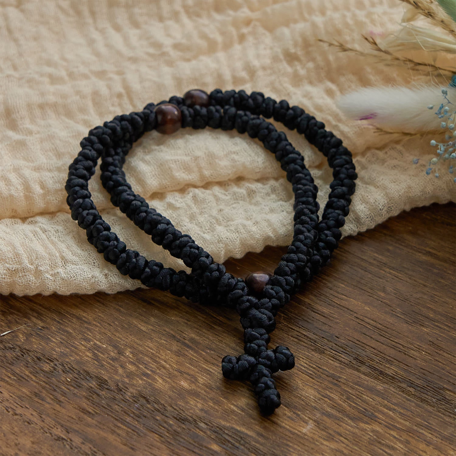 FREE Today: Blue & Black Cross Orthodox 100 Blessing Knots String Necklace: Cherished Symbol of Holy Blessing