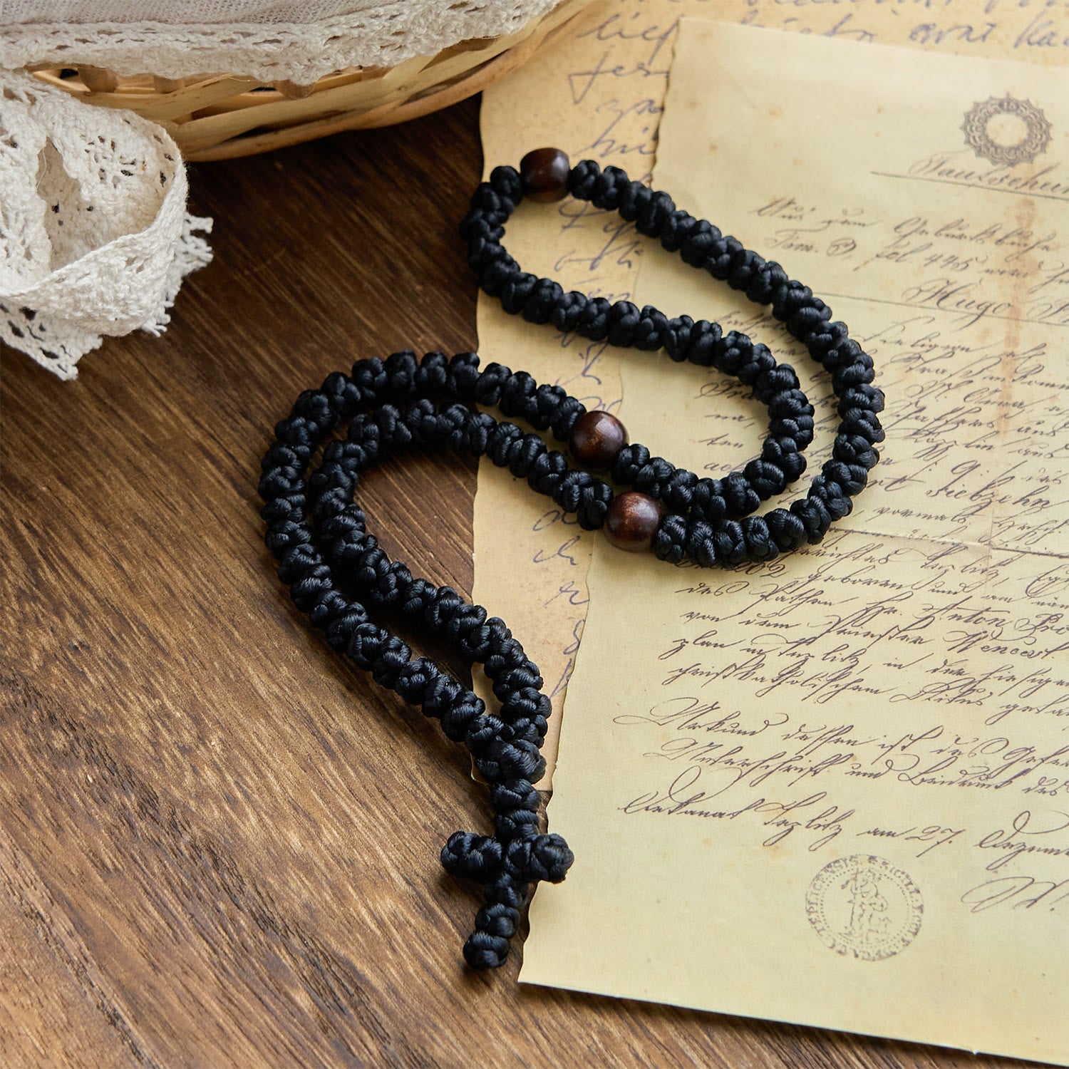 FREE Today: Blue & Black Cross Orthodox 100 Blessing Knots String Necklace: Cherished Symbol of Holy Blessing