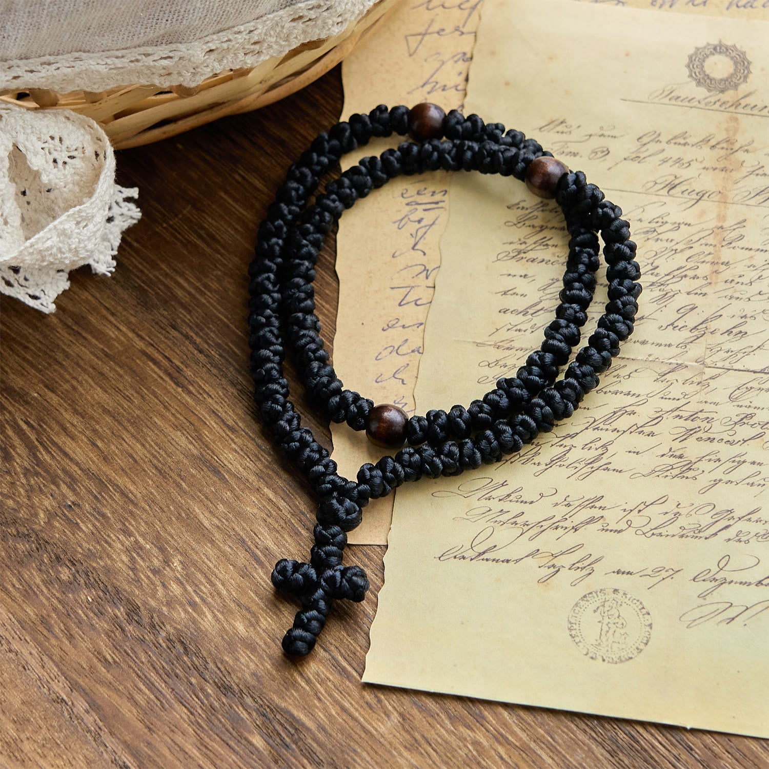 FREE Today: Blue & Black Cross Orthodox 100 Blessing Knots String Necklace: Cherished Symbol of Holy Blessing