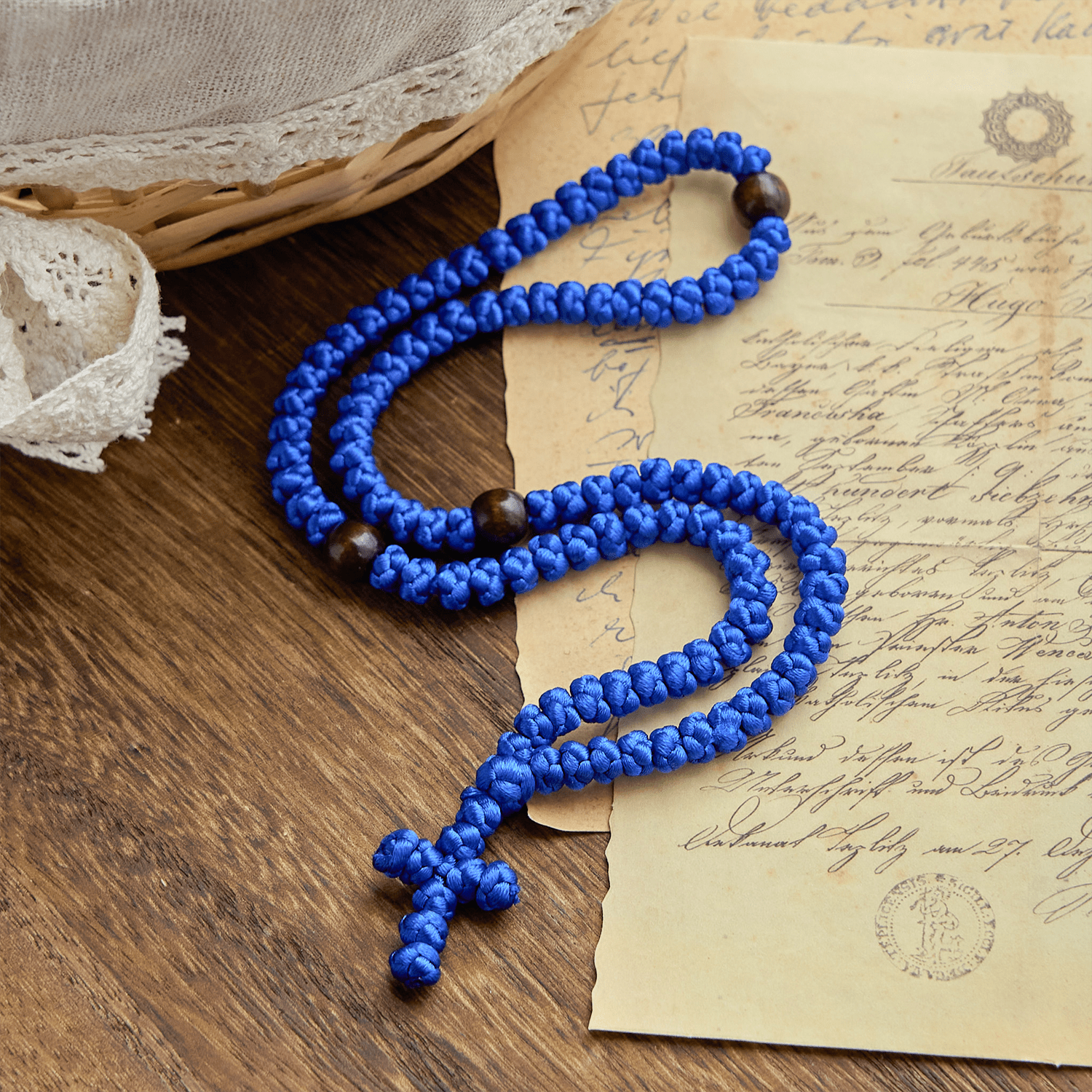 FREE Today: Blue & Black Cross Orthodox 100 Blessing Knots String Necklace: Cherished Symbol of Holy Blessing