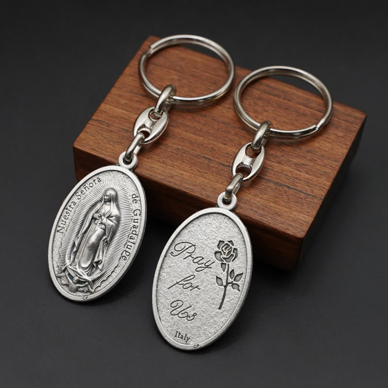 Christiandiscipleshop Exquisite Relief - Sculpted Our Lady of Guadalupe Medal with Castilian Rose Keychain