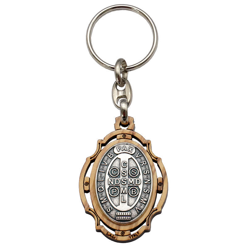 christiandiscipleshop Wooden Crafted St. Benedict Medal Keychain: Contemporary Badge of Spiritual Defense