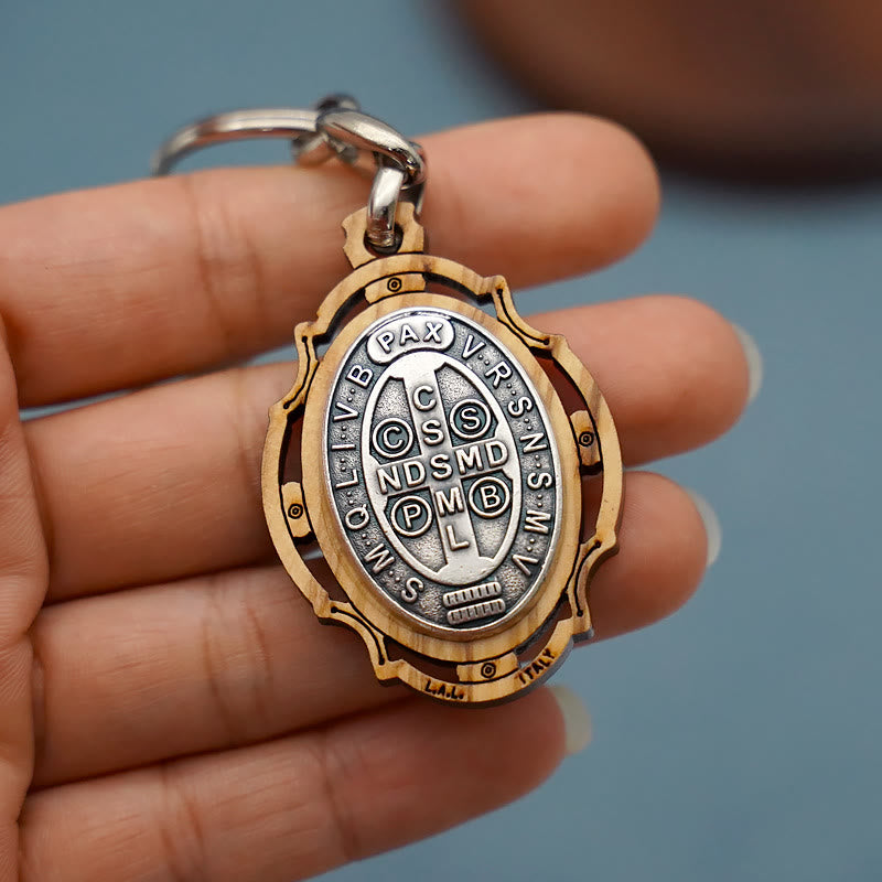 christiandiscipleshop Wooden Crafted St. Benedict Medal Keychain: Contemporary Badge of Spiritual Defense