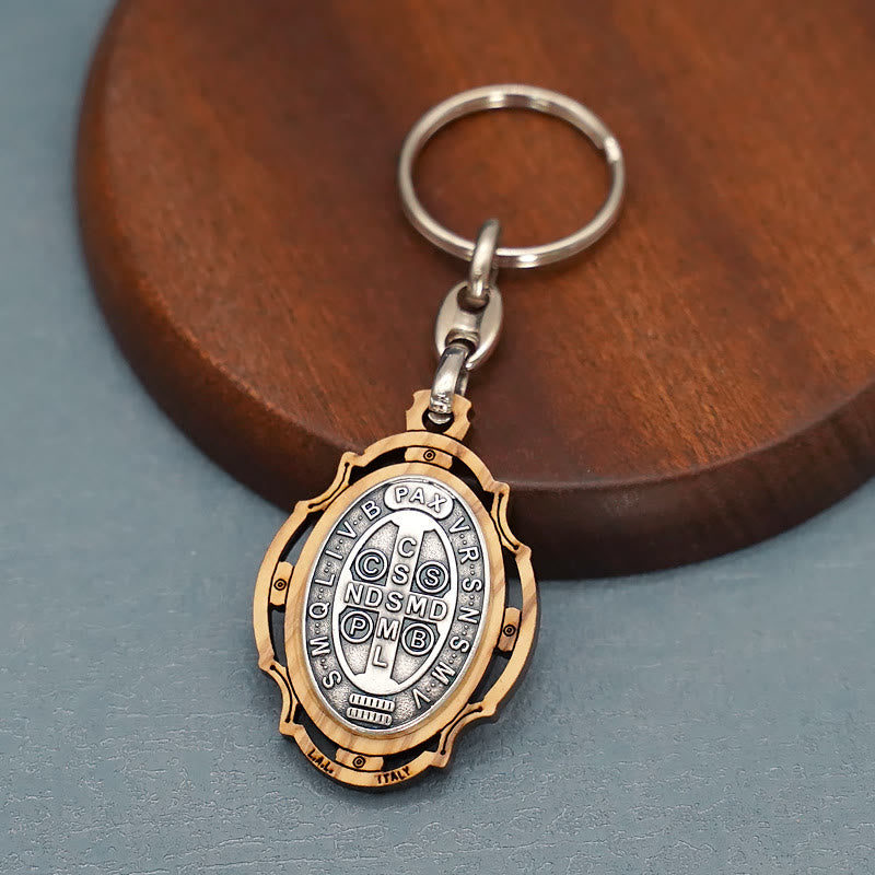 christiandiscipleshop Wooden Crafted St. Benedict Medal Keychain: Contemporary Badge of Spiritual Defense