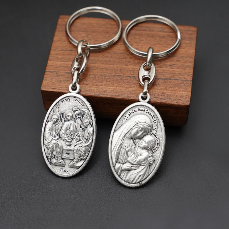 Christiandiscipleshop Elegant Oxidized Alloy Holy Trinity & Mother of Good Counsel Keychain: A Symbol of Divine Love