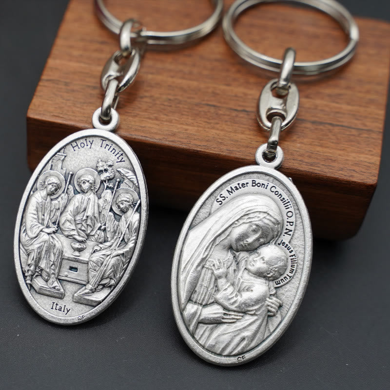 Christiandiscipleshop Elegant Oxidized Alloy Holy Trinity & Mother of Good Counsel Keychain: A Symbol of Divine Love