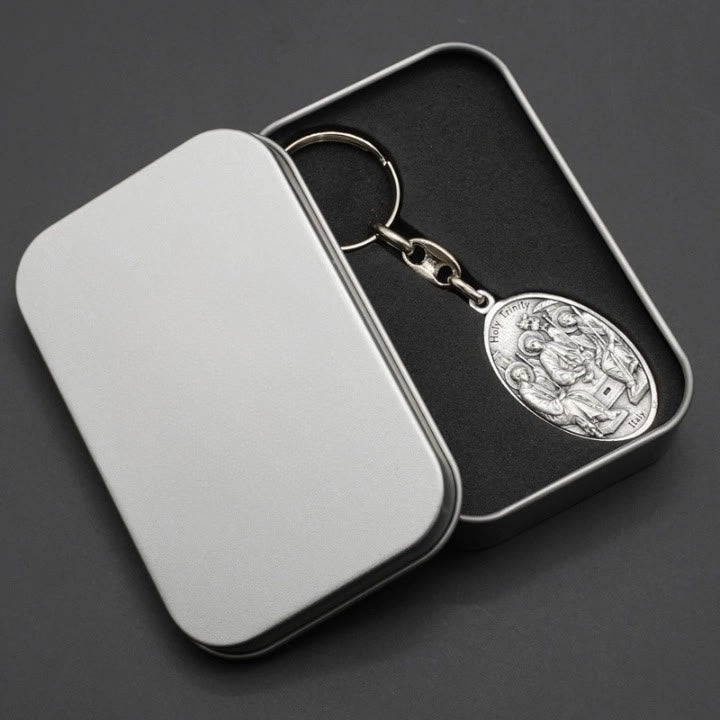 Christiandiscipleshop Elegant Oxidized Alloy Holy Trinity & Mother of Good Counsel Keychain: A Symbol of Divine Love