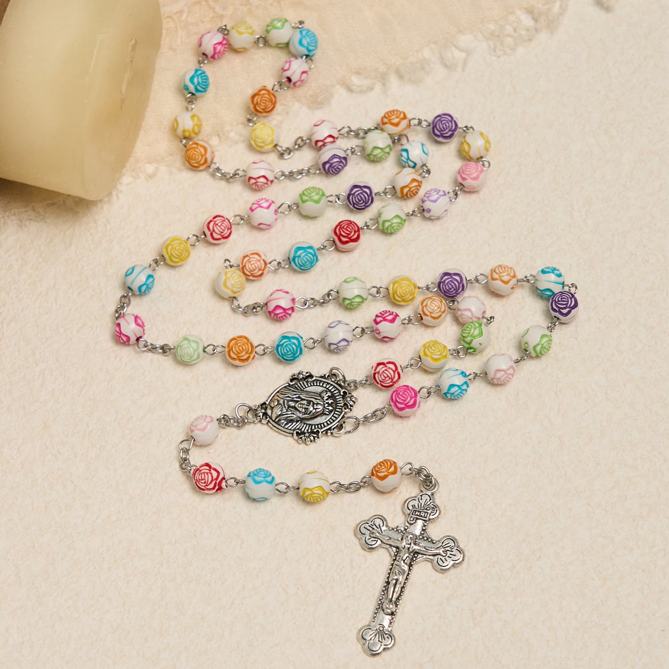 Christiandiscipleshop Multicolor Rose Beads with Virgin Mary Medal & Crucifix Rosary: Sacred Palette of Love