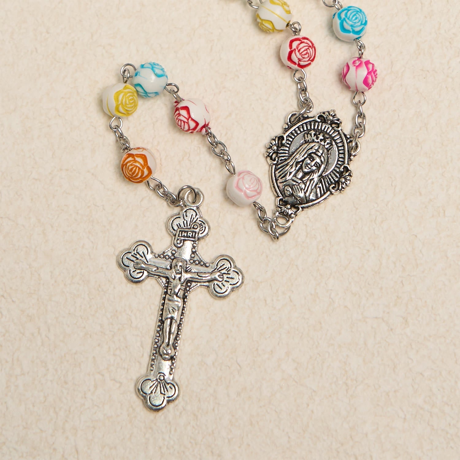Christiandiscipleshop Multicolor Rose Beads with Virgin Mary Medal & Crucifix Rosary: Sacred Palette of Love