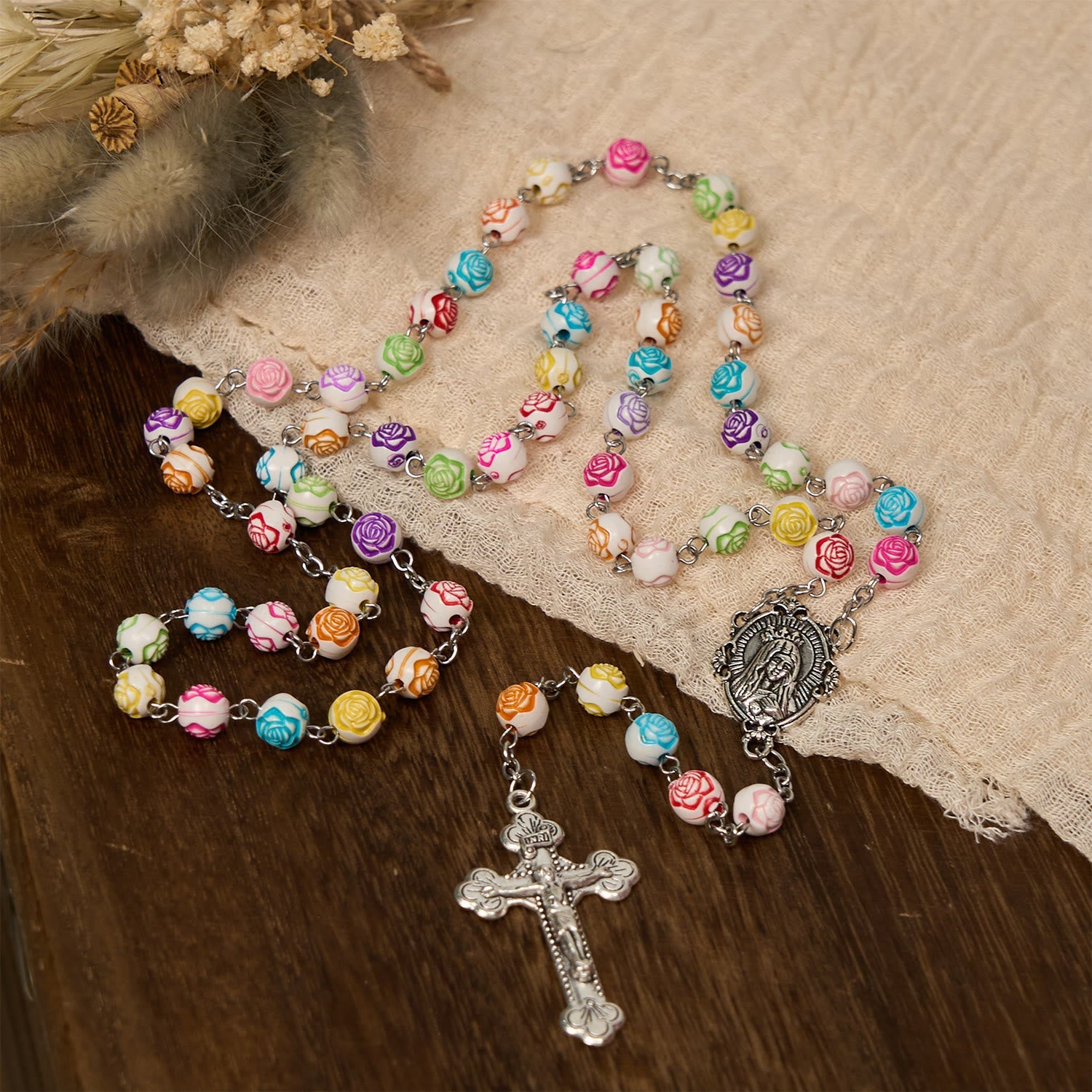 Christiandiscipleshop Multicolor Rose Beads with Virgin Mary Medal & Crucifix Rosary: Sacred Palette of Love