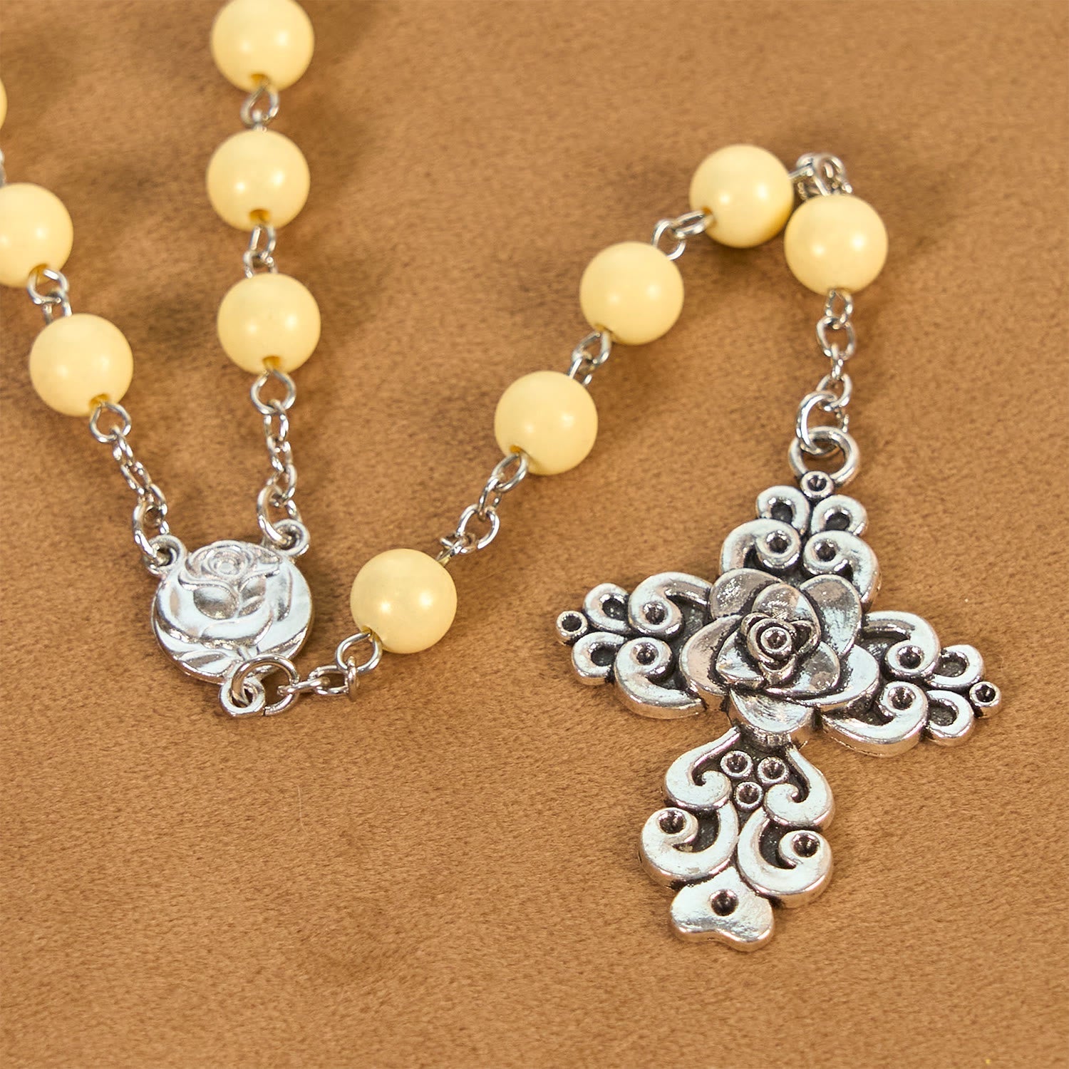 FREE Today: Vintage Style Blossom Yellow Tone Beads & Rose Cross Rosary: Timeless Faith Keepsake