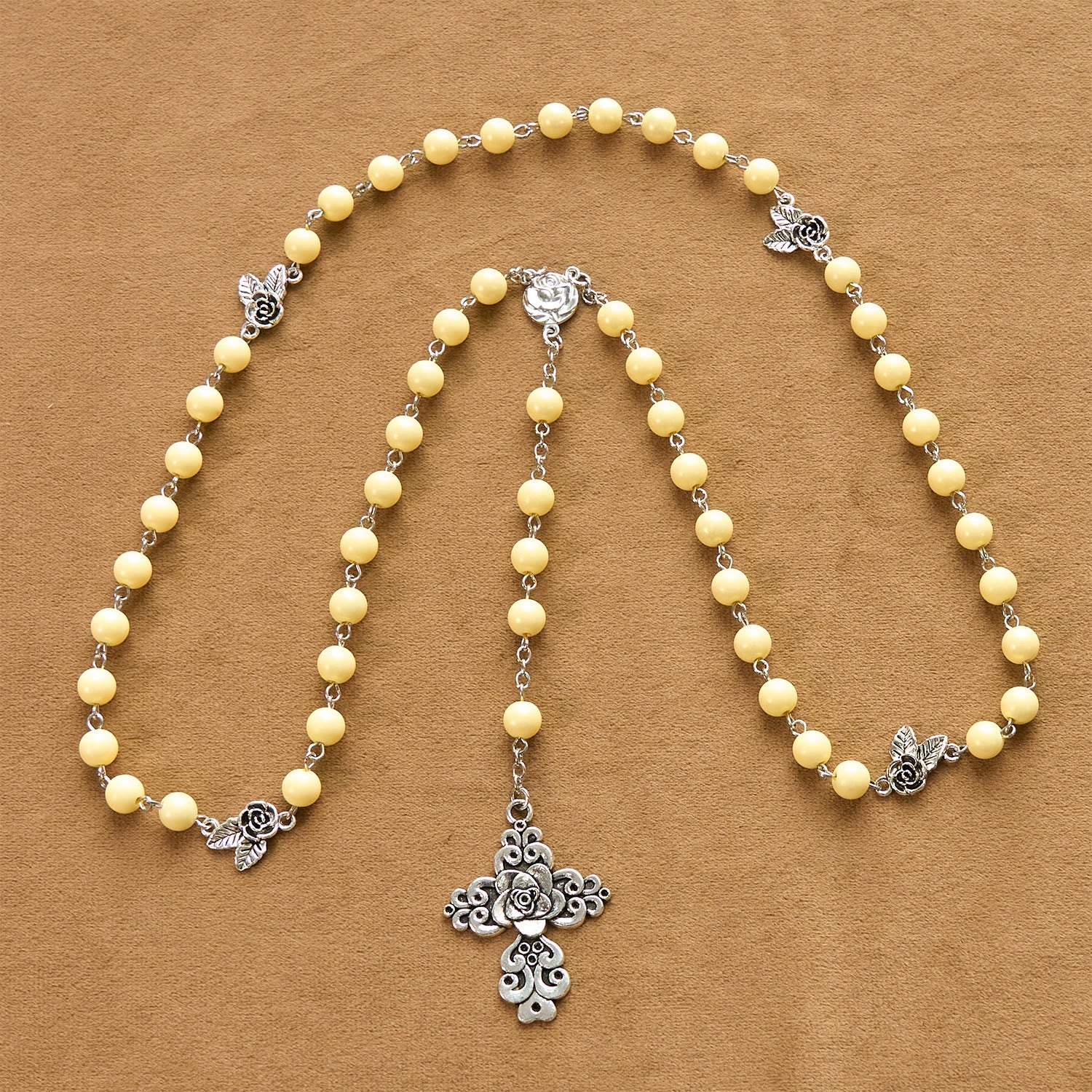 FREE Today: Vintage Style Blossom Yellow Tone Beads & Rose Cross Rosary: Timeless Faith Keepsake