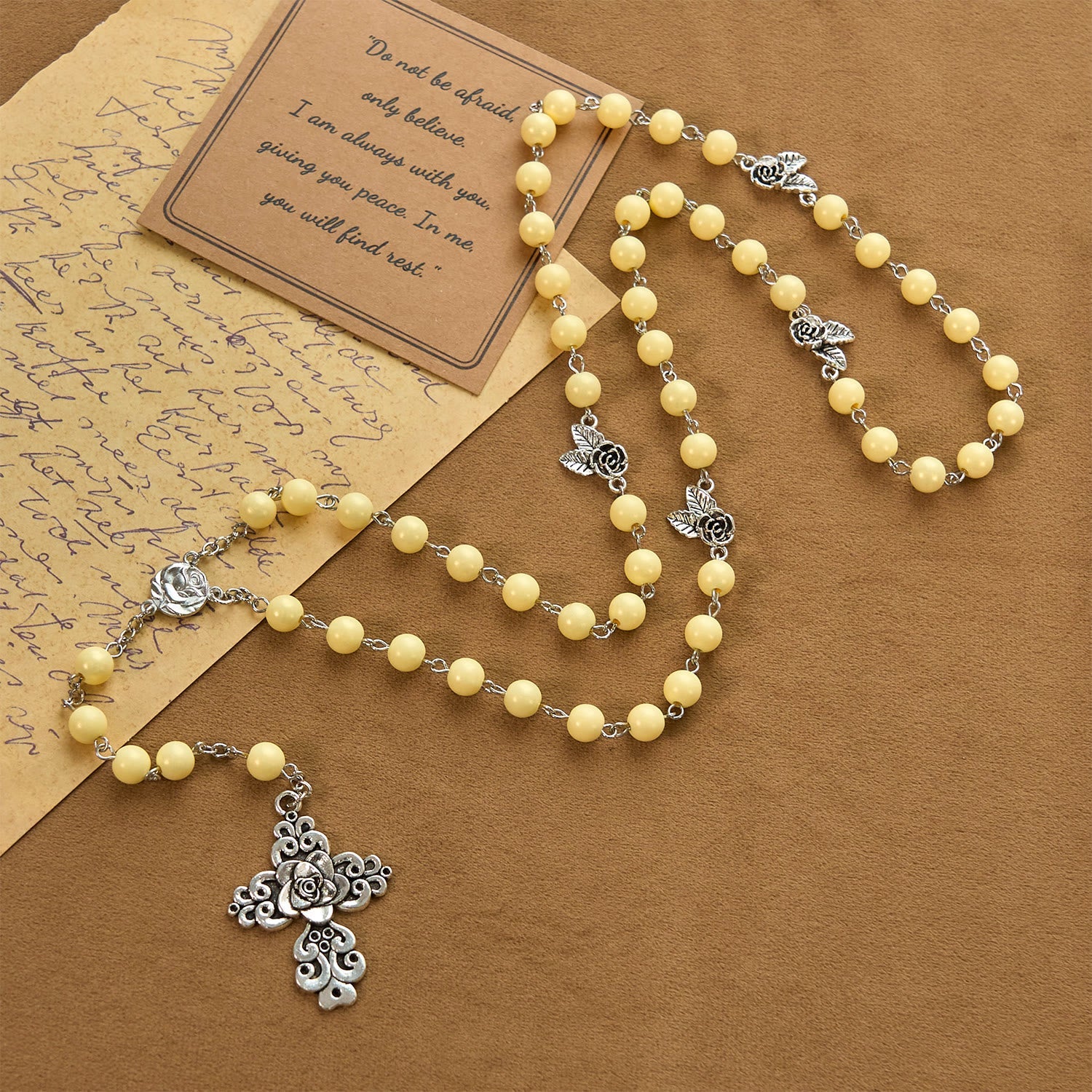 FREE Today: Vintage Style Blossom Yellow Tone Beads & Rose Cross Rosary: Timeless Faith Keepsake