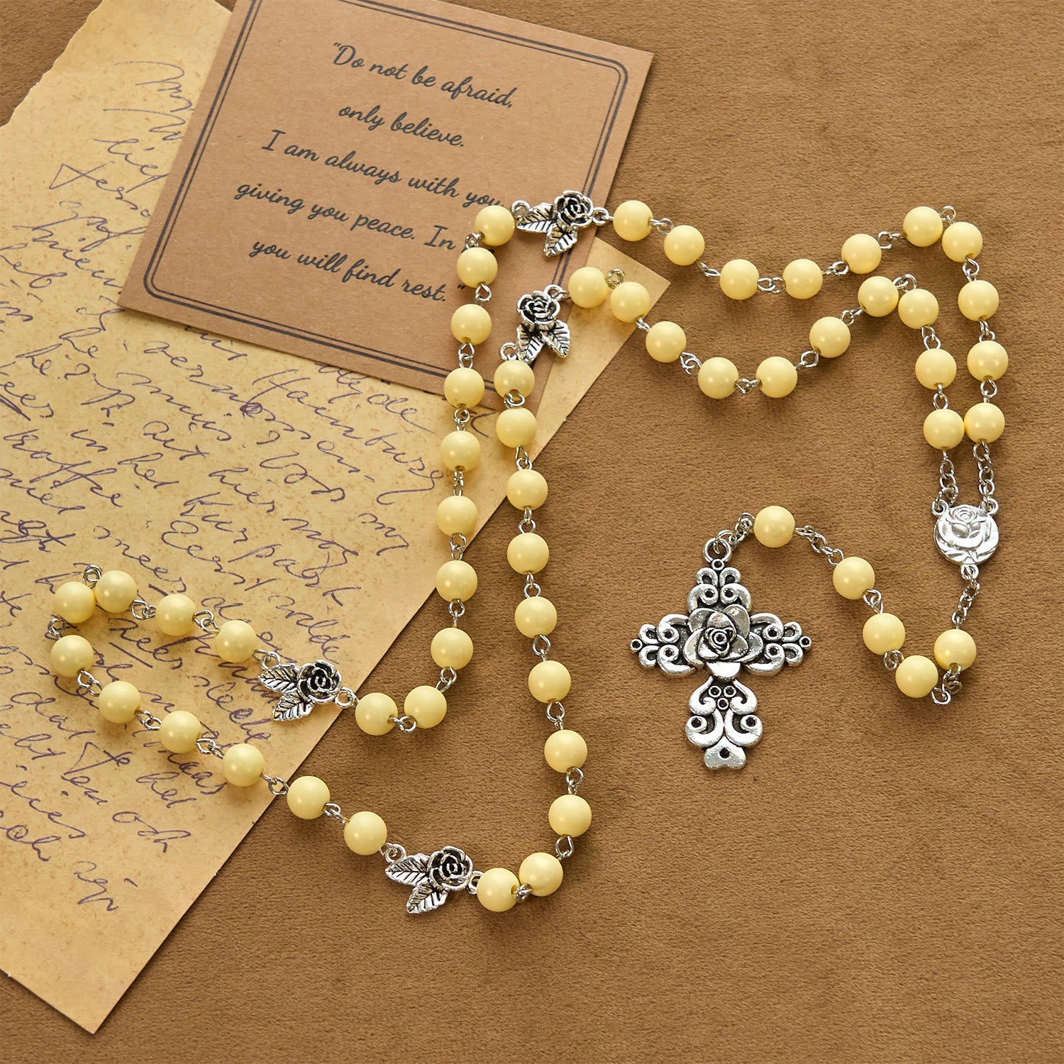 FREE Today: Vintage Style Blossom Yellow Tone Beads & Rose Cross Rosary: Timeless Faith Keepsake