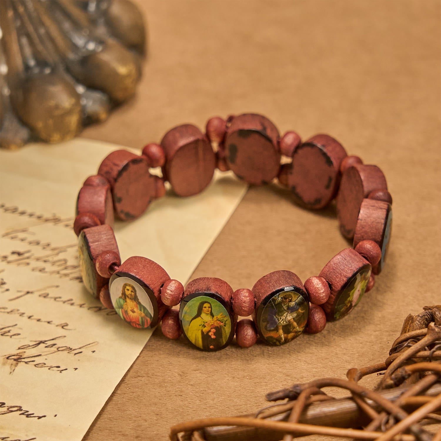 Christiandiscipleshop Classic Wooden Bead Stretch Bracelet with Mary, Jesus & Saints Icons