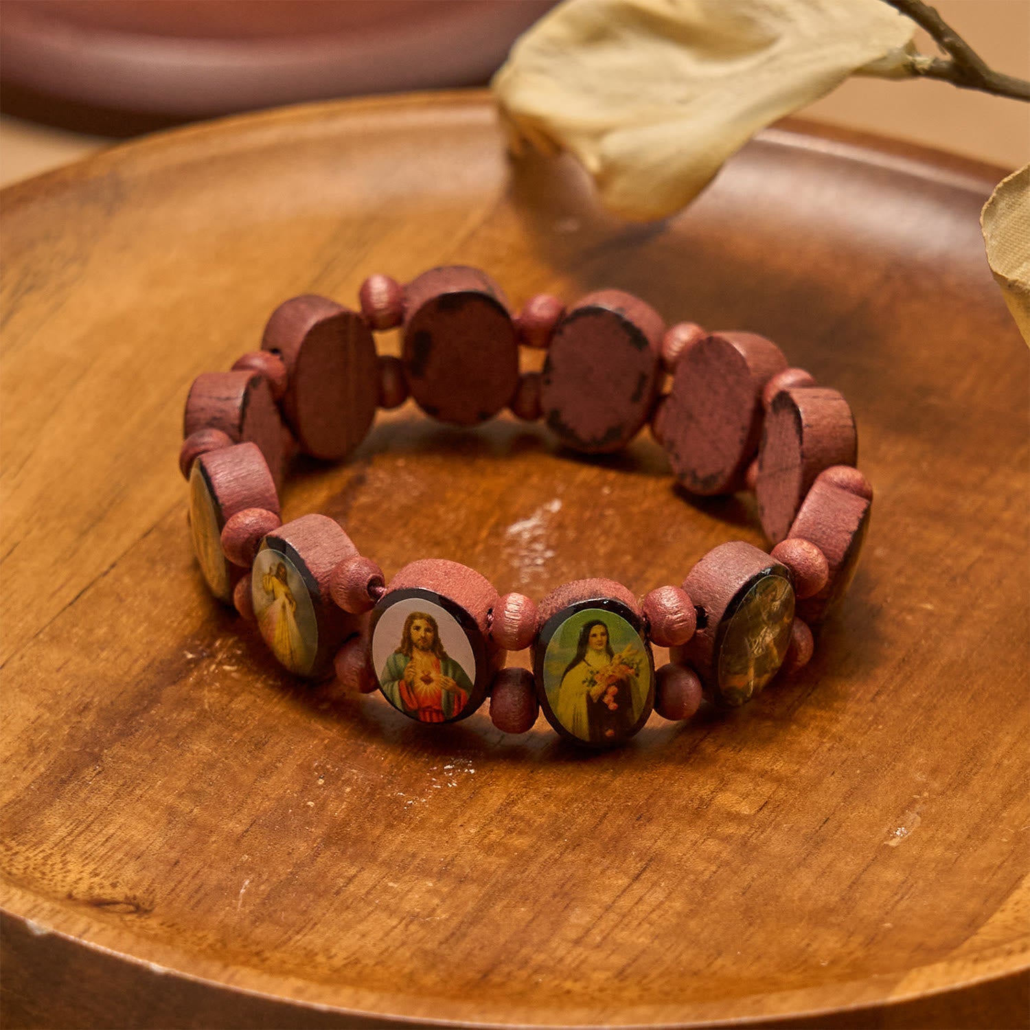 FREE Today: Classic Wooden Bead Stretch Bracelet with Mary, Jesus & Saints Icons