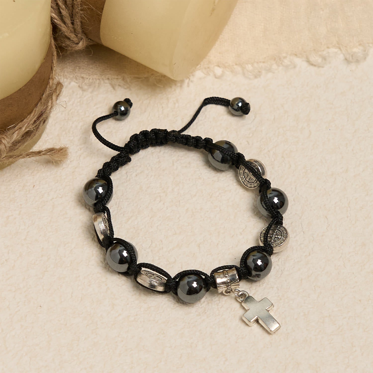 christiandiscipleshop Hematite Bead Bracelet with Cross & St. Benedict: Solemn Reminder of Spiritual Roots