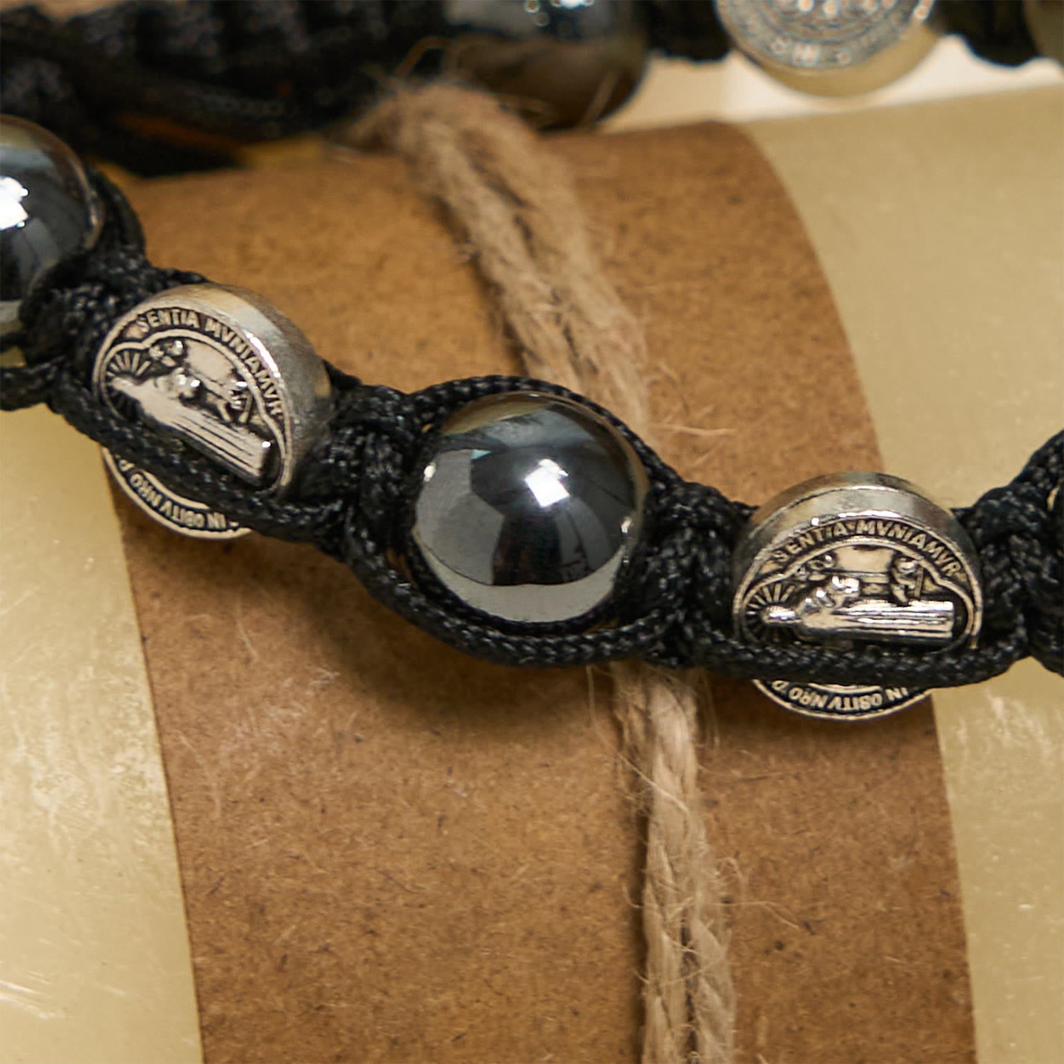 christiandiscipleshop Hematite Bead Bracelet with Cross & St. Benedict: Solemn Reminder of Spiritual Roots