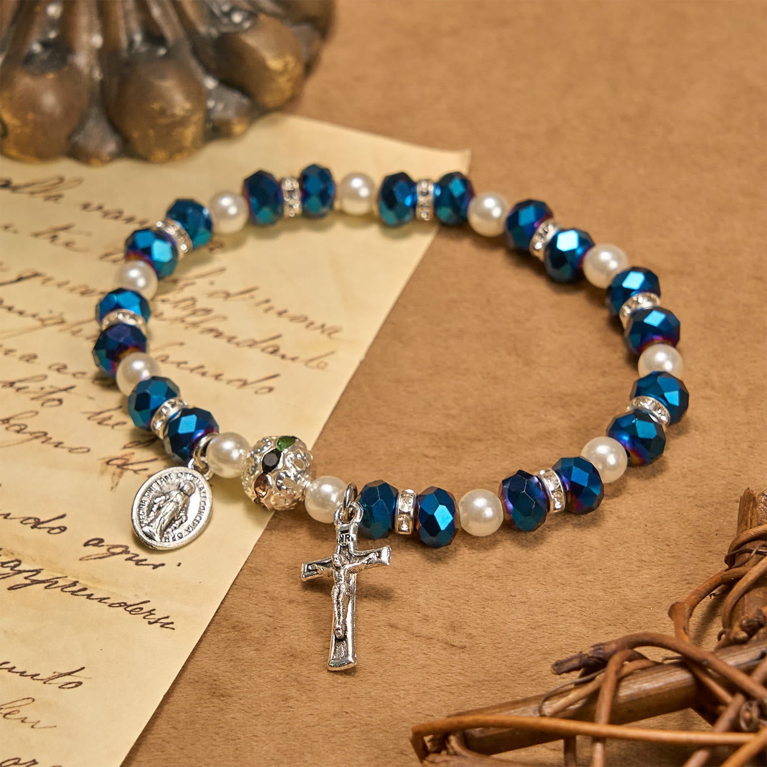 christiandiscipleshop Modern Clear Crystal Stretch Braceletwith Crucifix & Miraculous Medal: Contemporary Faith Statement