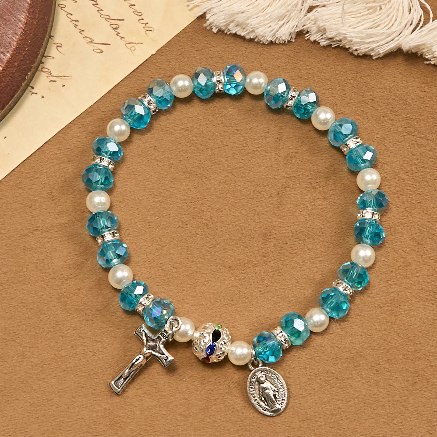 christiandiscipleshop Modern Clear Crystal Stretch Braceletwith Crucifix & Miraculous Medal: Contemporary Faith Statement
