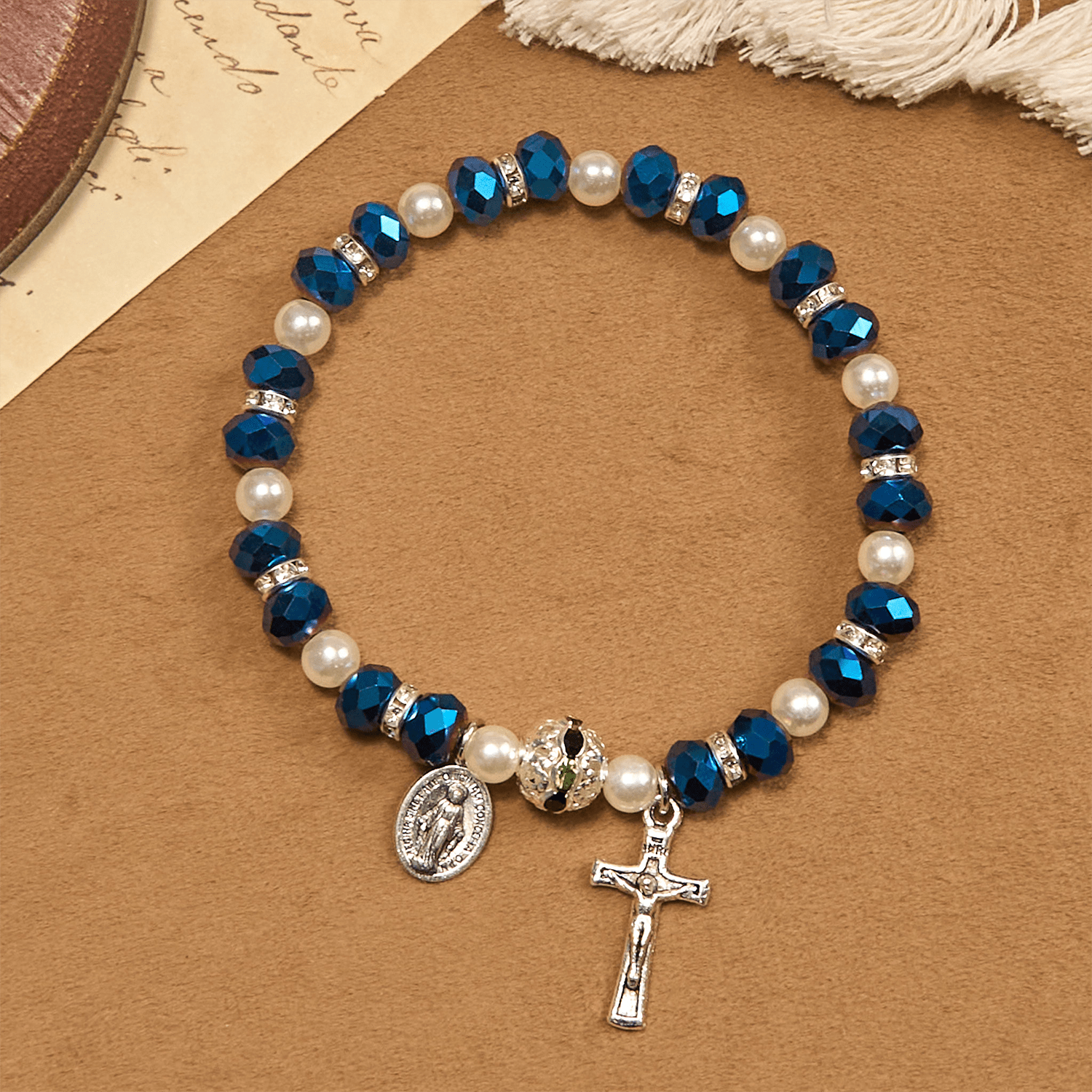 christiandiscipleshop Modern Clear Crystal Stretch Braceletwith Crucifix & Miraculous Medal: Contemporary Faith Statement