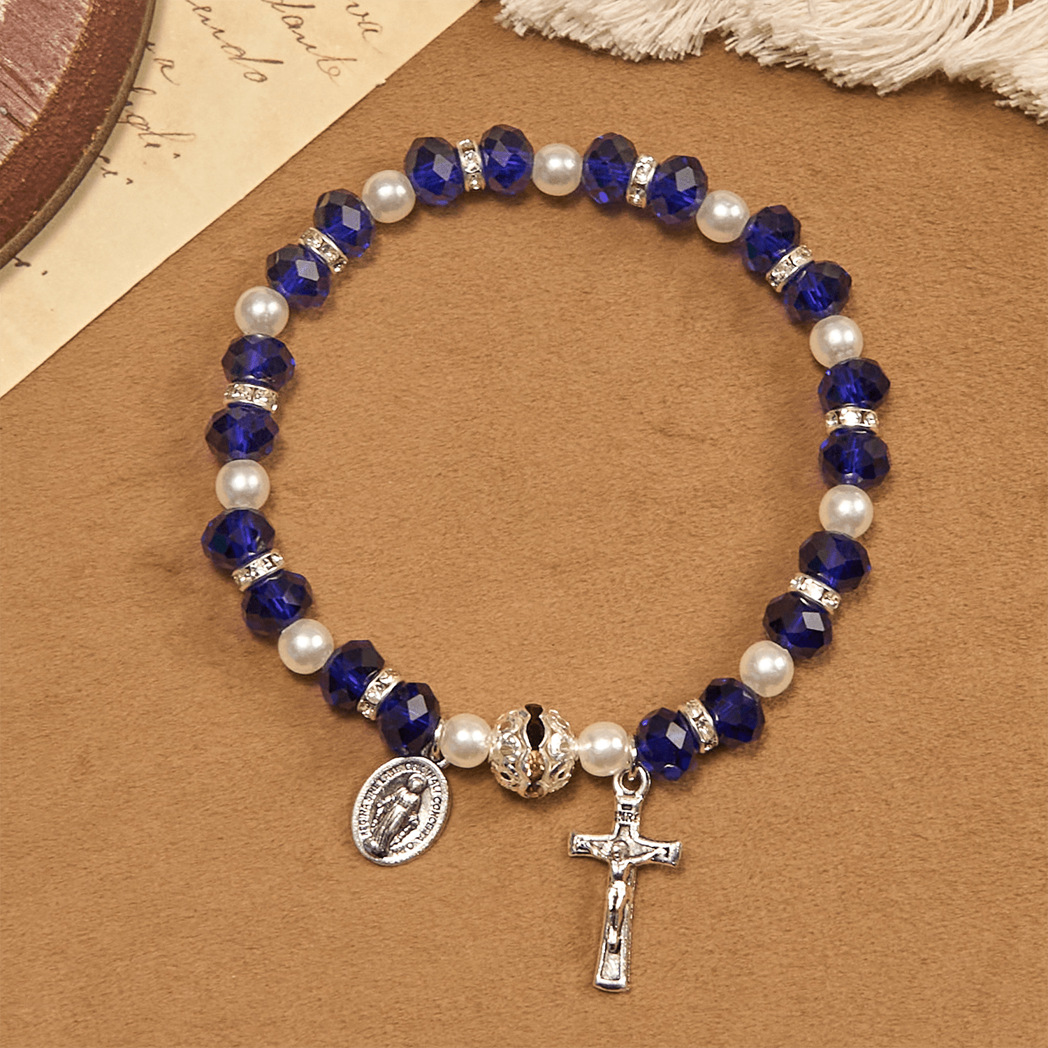 christiandiscipleshop Modern Clear Crystal Stretch Braceletwith Crucifix & Miraculous Medal: Contemporary Faith Statement