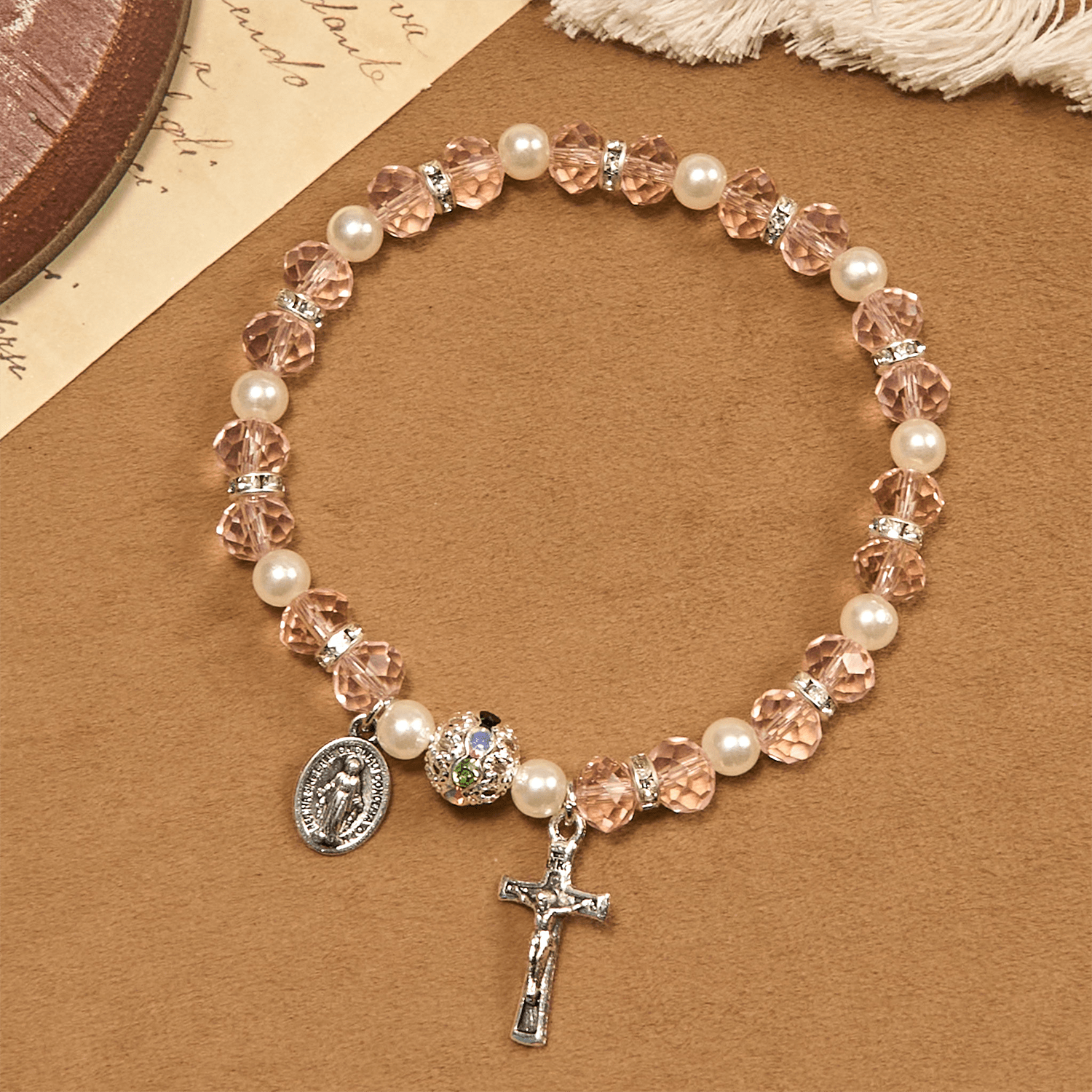 christiandiscipleshop Modern Clear Crystal Stretch Braceletwith Crucifix & Miraculous Medal: Contemporary Faith Statement